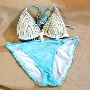 Victoria's Secret teal blue and a Neon yellow with peal beading bikini set